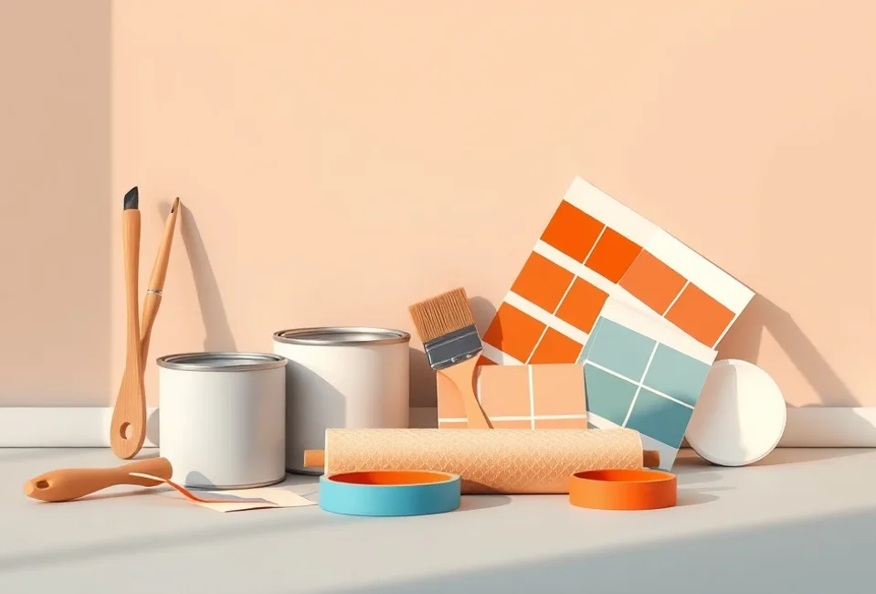 Pots de peinture, nuancier, brosses et rouleaux disposés à plat