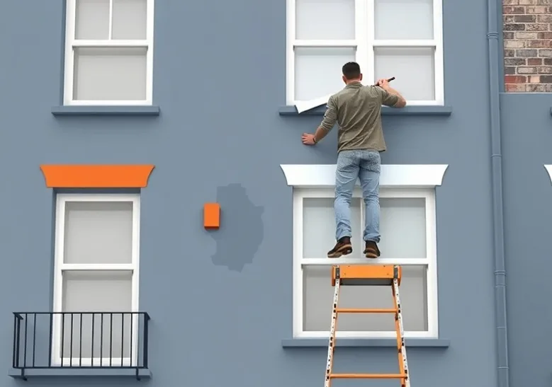 Peintre sur échafaudage traitant la façade d'une maison