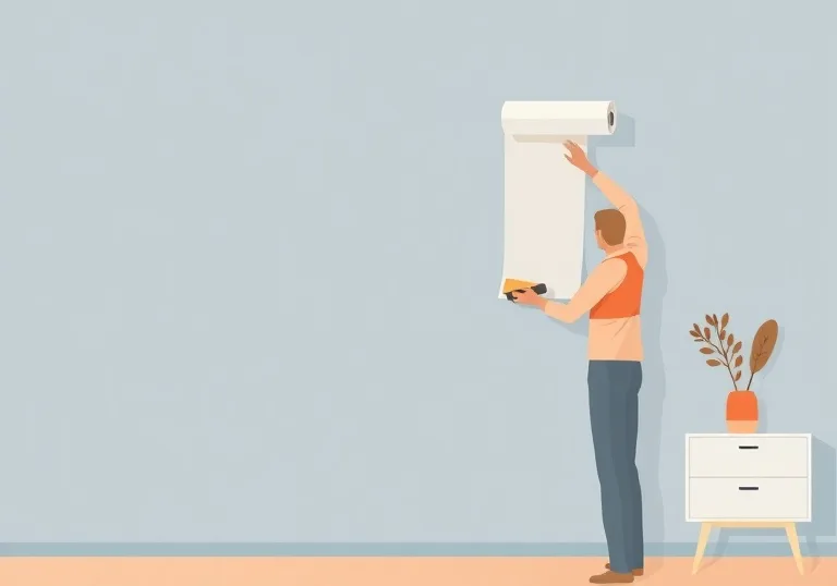 Pose de papier peint, rouleau et brosse à maroufler